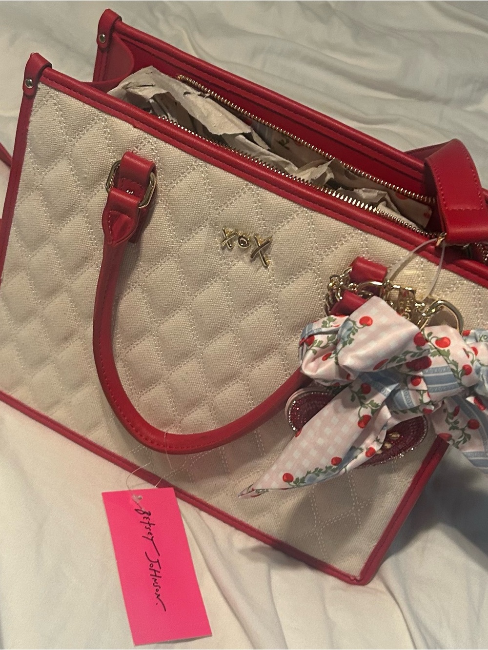 Betsey Johnson Cream Quilted Tote with Red Trim and Cherry Scarf Accent